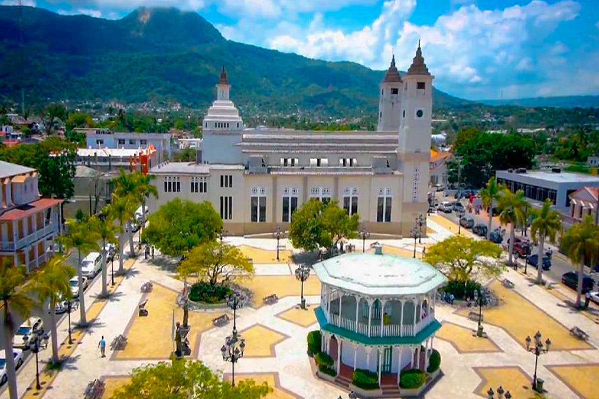 Aerial view of Spanish' type city main square and church